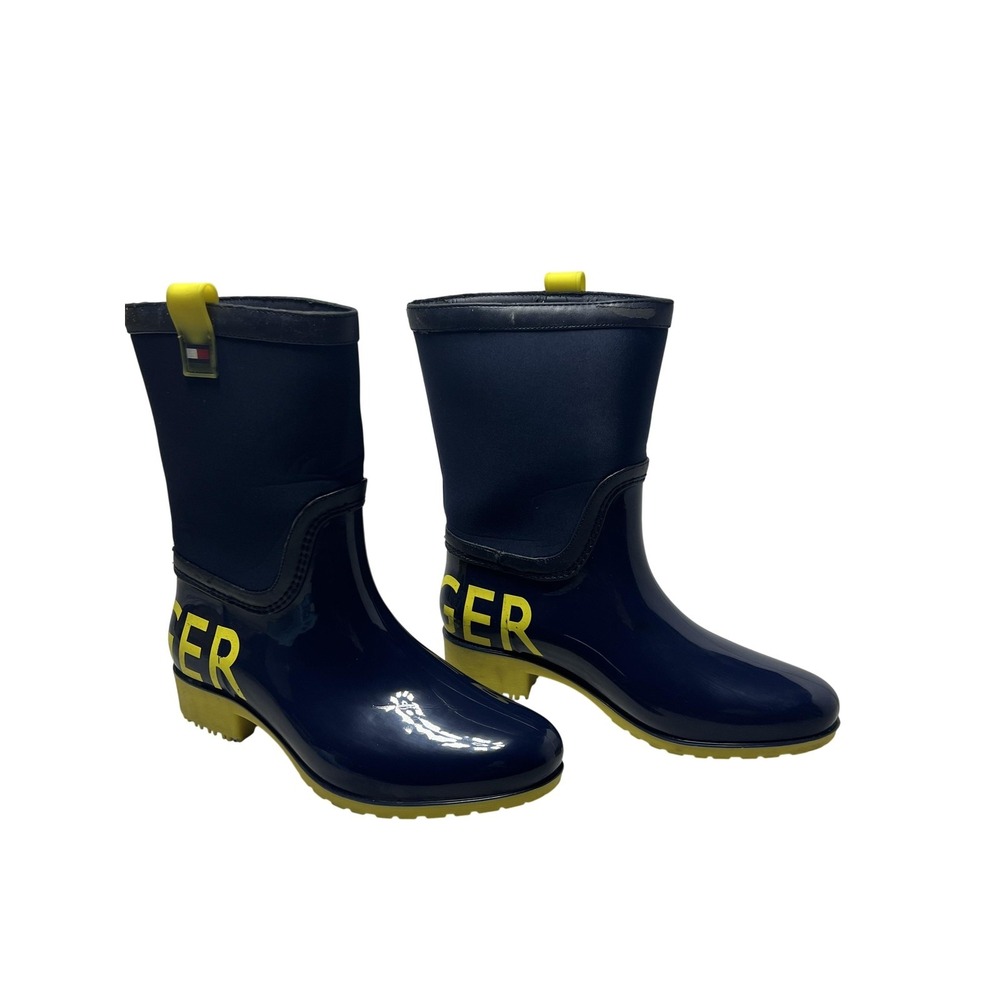 Tommy Hilfiger Rain Boots Womens Size 8 Blue Yellow Mid Calf Waterproof TWDESI